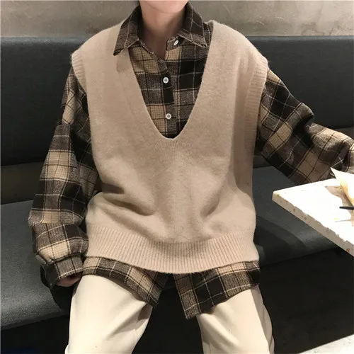 sweater vest Harajuku Stylw шикарный Однотонный свитер жилет для колледжа для женщин на улице осень/зима ветер v-образным вырезом жилет клетчатая рубашка куртка - Цвет: sweater vest