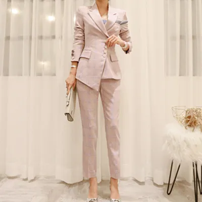 plaid suit women Комплект с блейзером, костюм для женщин, модный элегантный костюм в клетку, рабочие брючные костюмы, Ol, комплект из 2 предметов для женщин, деловой стиль, для женщин, Traje Mujer - Цвет: plaid suit women