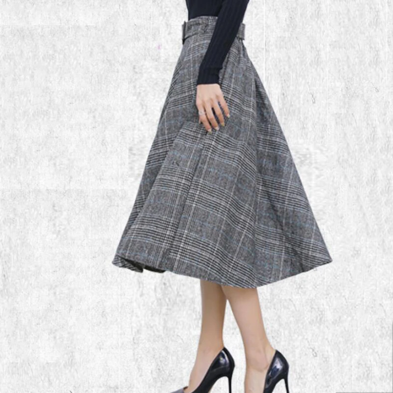 Новая женская мода в английском стиле, клетчатые юбки средней длины с высокой талией, шерстяные трапециевидные плиссированные зимние женские юбки из тартана