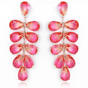 

New Shining Gradient Tourmaline Drop Earring Luxury Crystal AAA Cubic Zirconia Leaf Shape Design Long Earrings for Women Wedding