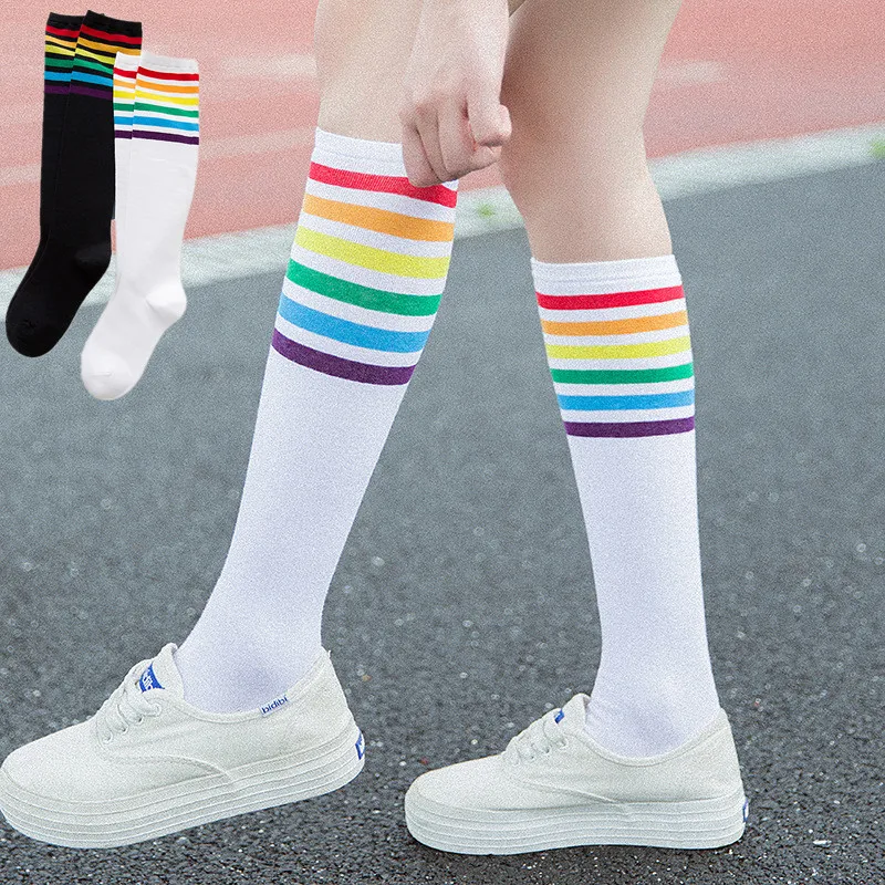 

1Pair Socks high quality Thigh High Socks Over Knee Rainbow Stripe Girls Long Socks Women Over Knee Colorful Stripe Socks