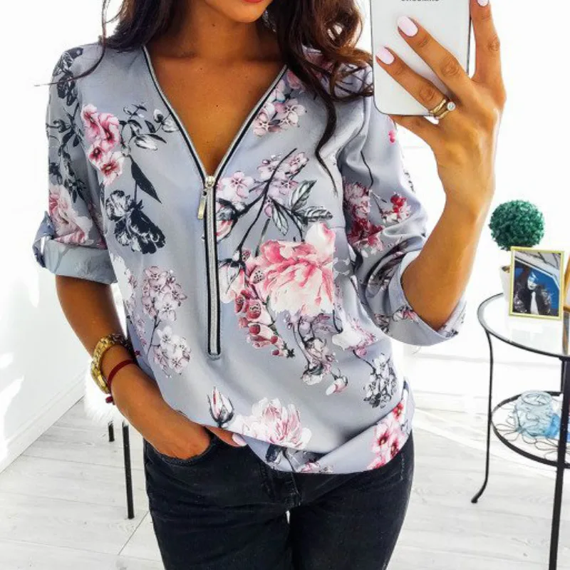 Spring Office Shirt Vintage Floral Print Zipper V Neck Chiffon Blouse Autumn Long Sleeve Women Blouses Plus Size Tops 5XL Mujer