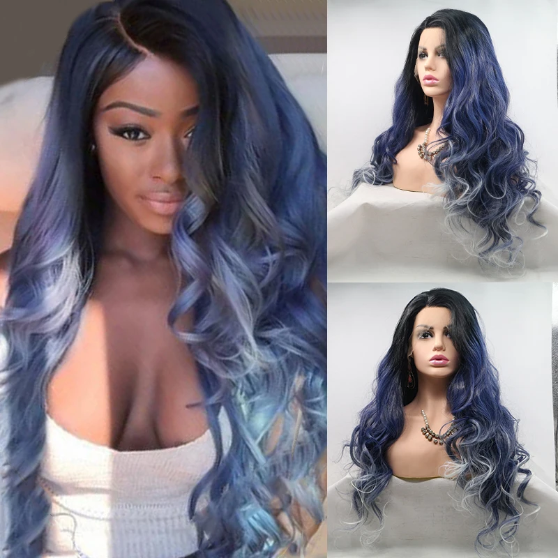 Cosplay Synthetic Lace Front Wig Curly Colored Ombre Black Blue Body Wave  Highlight Hair Frontal Lolita Wigs For Black Women