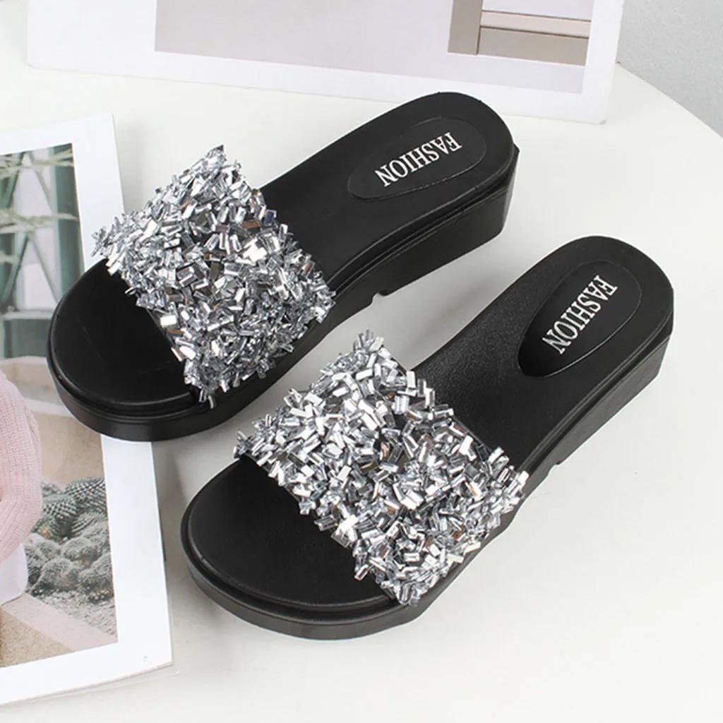 

Women's slippers Fashion Summer Shiny Low Heel Shoes Woman Flat Bottom Flip Flops Platform Non-Slip Sequins Beach Slippers #THY