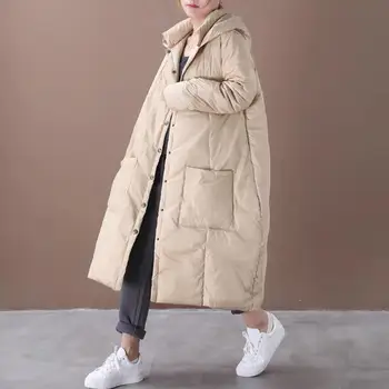 

2020 Winter Vintage White goose down Loose Artistic Double Pocket Long Single-breasted Hooded down Jacket Female outwear r1654