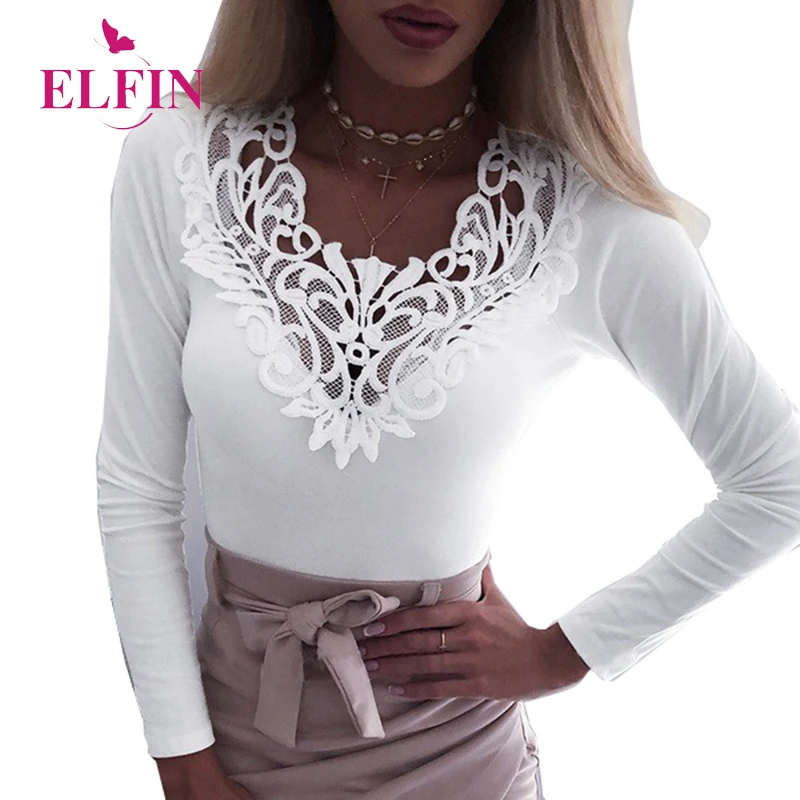 Футболка с длинными рукавами для женщин кружевной топ белый Повседневная