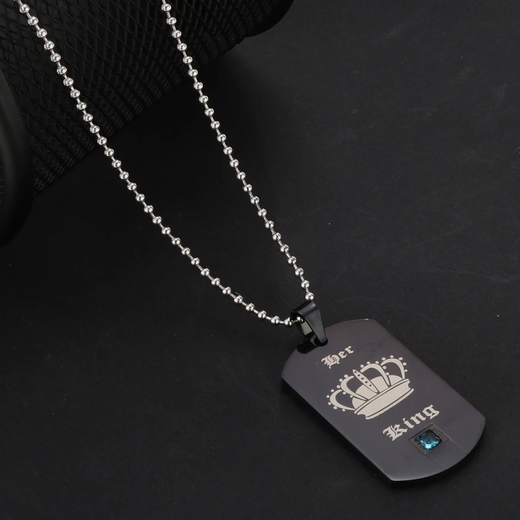 Black Stainless Steel Tag with Crown Couple His Queen Her King Pendant Ball Chain Necklace