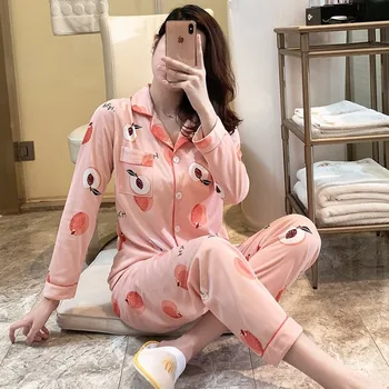 

Autumn Cardigan Women Long Sleeve Pajamas Set Honey Peach Print Female 2 Piece Sleepwear Suit Home Wear Winter Pyjamas Set