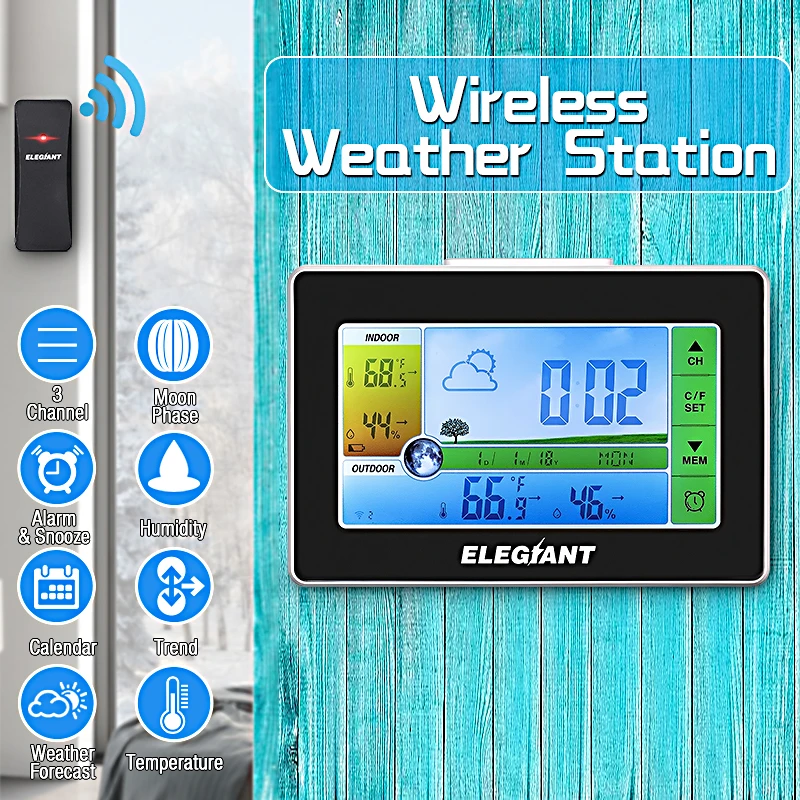 

ELEGIANT EOX-9908 Touch Weather Station + Outdoor Forecast Sensor 3CH Backlit Thermometer Hygrometer Calendar Alarm Clock