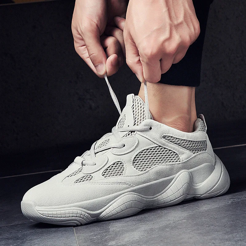 Zapatillas de deporte de malla transpirable para hombre, zapatos masculinos a la moda, informales, con cordones, color blanco y negro, de 1cm a 3cm, para primavera