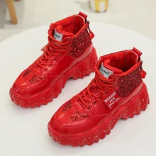 RUIFF/женские кроссовки; ткань с украшениями в виде пайеток; красная женская обувь с высоким берцем; женская прогулочная обувь на толстой подошве