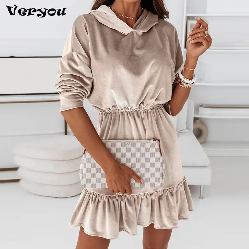 

Осень 2021, однотонное бархатвечерние вечернее платье с эластичным поясом, женское элегантное платье-пуловер с рюшами и капюшоном, зимнее мягкое мини-платье с длинным рукавом