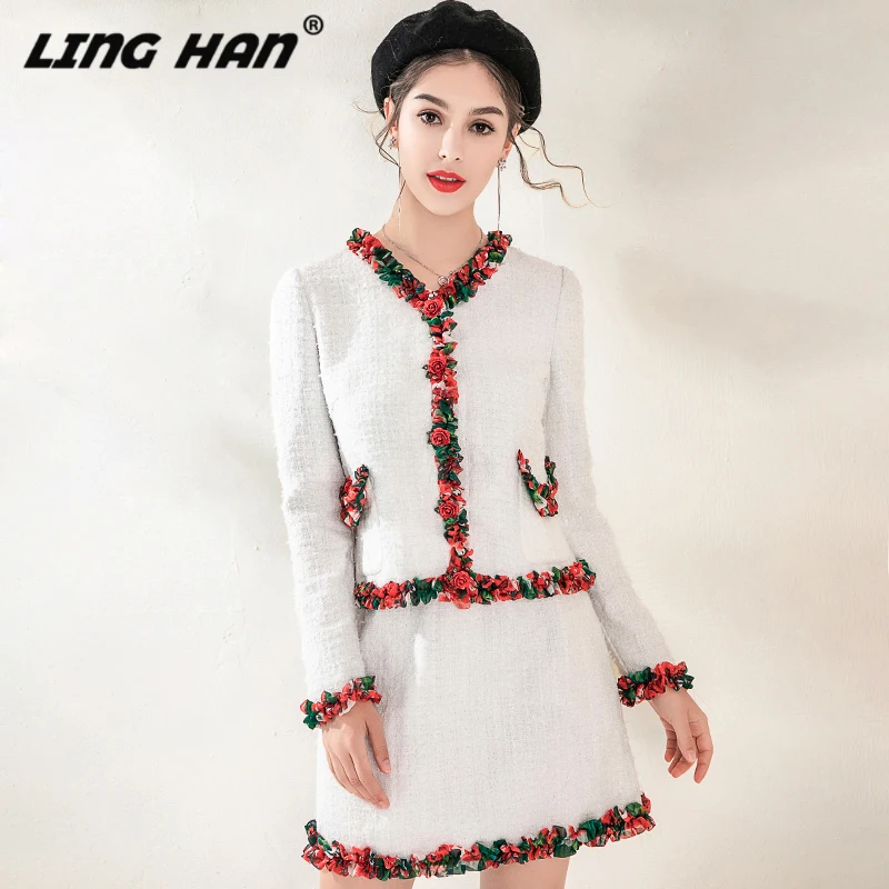 

LINGHAN Autumn Winter Women High-end Suit Twinset 3D Flower Button Long Sleeve Short Coat + Mini Skirt Two Piece Set