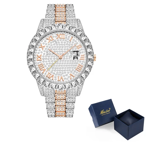 Полностью шикарные Большие бриллиантовые часы для мужчин, мужские кварцевые часы в стиле хип-хоп, водонепроницаемые мужские часы с датой, золотые стальные часы Relogio XFCS - Цвет: silver rose gold box