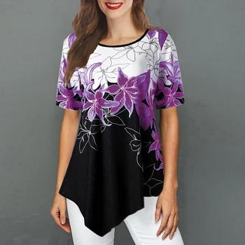 

Asymmetric Floral Print Womens Tops And Blouses Loose Tee Shirt 2020 Summer Casual O-Neck Short Sleeve Tunic Chic Blouse Women