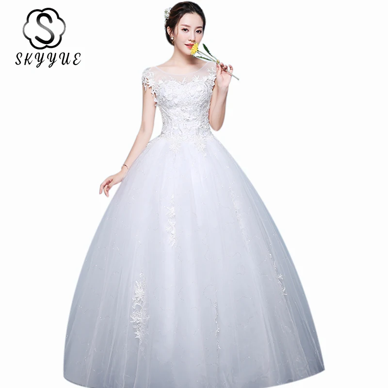 

Wedding Dresses Skyyue ER710 Elegant O-neck Plus Size Wedding Dress Sleevelss Embroidery Lace Wedding Gowns For Women