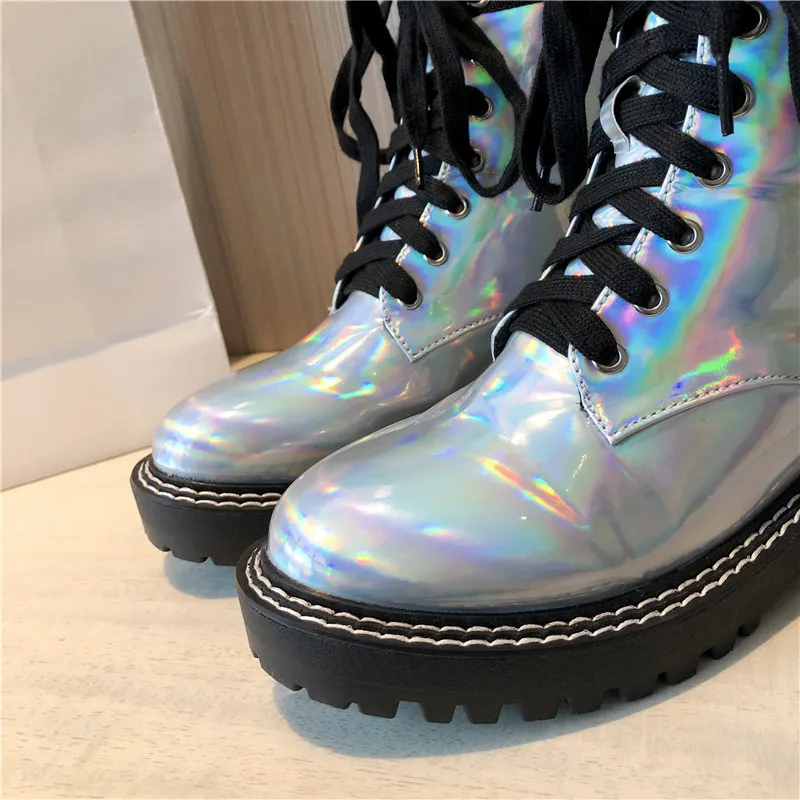 YMECHIC/Разноцветные Женские ботинки в байкерском стиле из лакированной искусственной кожи в готическом стиле с перекрестной шнуровкой; обувь на массивном каблуке