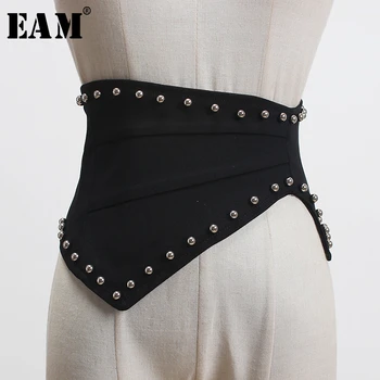 

[EAM] Black Zipper Rivet Split Joint Long Asymmetrical Wide Belt Personality Women New Fashion Tide All-match Spring 2020 1T185