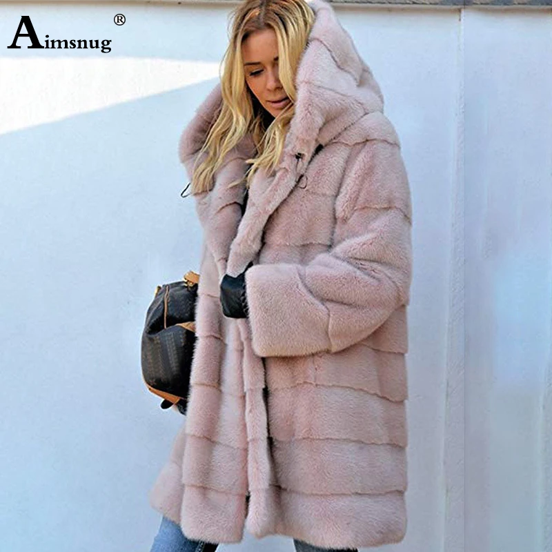 

Plus Size 4XL 5XL Europe and America Medium Long Section Solid Pink Loose Plush Hooded Coat Faux Fur Winter Women Warm Jacket