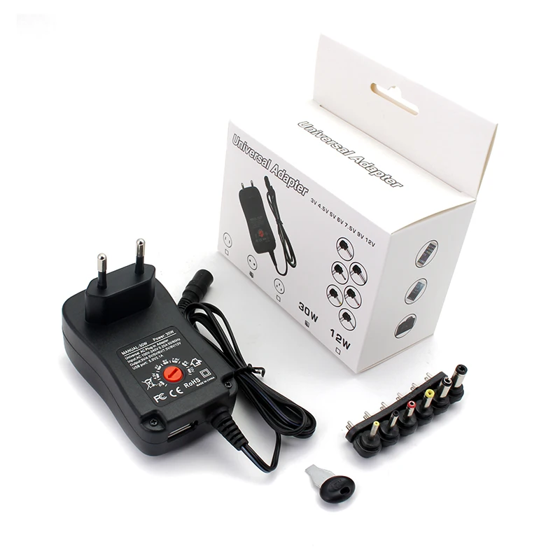 30W universele voeding, 3V 4.5V 5V 6V 7.5V 9V 12V AC/DC adapter schakelende voeding voor huishoudelijke elektronica LED-strips router BT-luidspreker CCTV-camera's tv-box met 5 V USB 8 afneembare