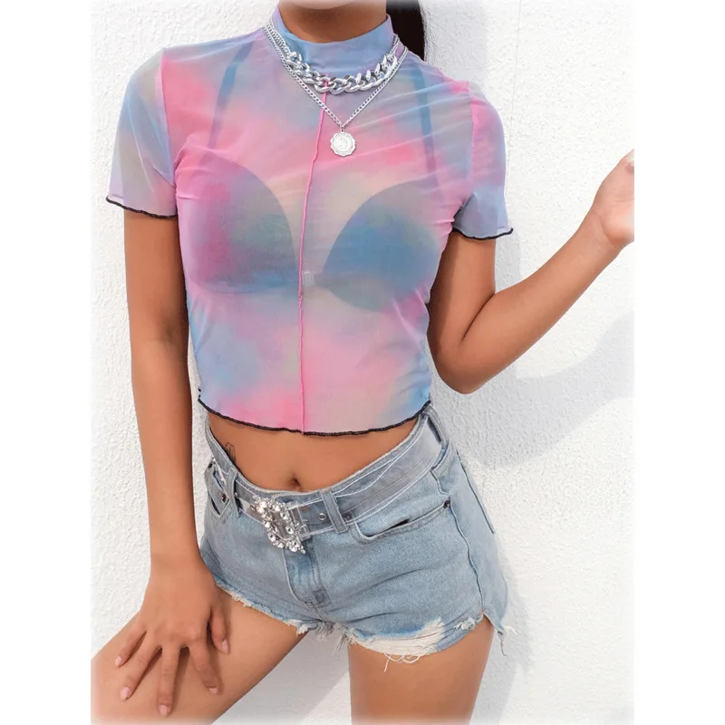 Женская Прозрачная Футболка с радужным принтом прозрачная Сетчатая футболка