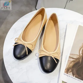 

Ballet Flats Shoes Women Basic 2021 Two Color Splice Genuine Leather Bow Round Ballet Shoes Tweed Fashion Flats Work Women Shoes