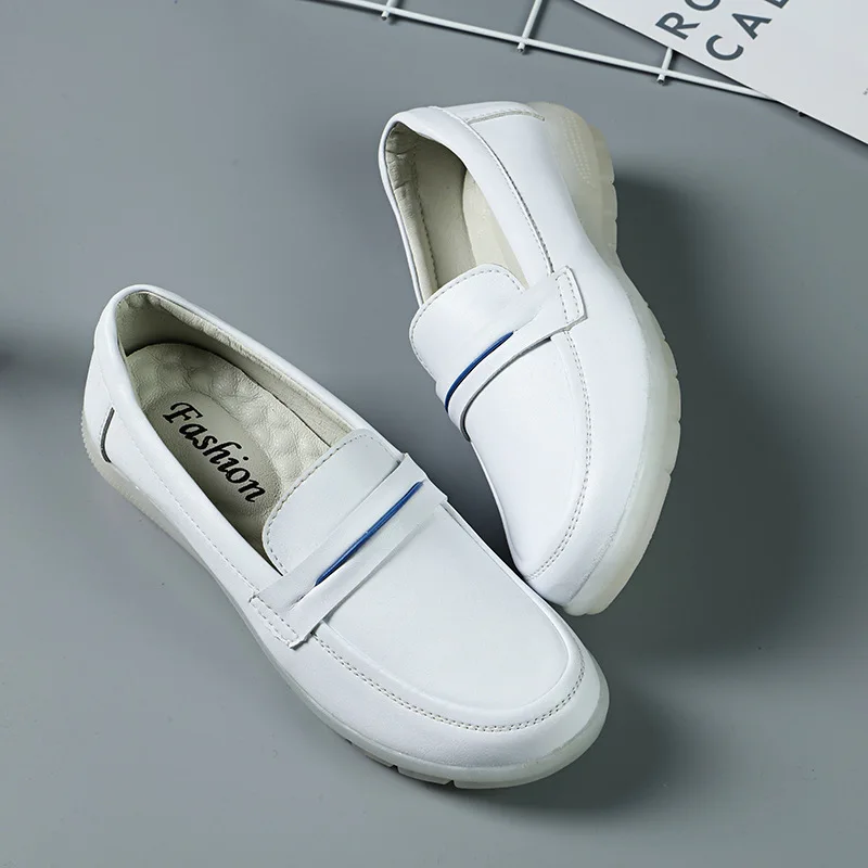 

Nurse Shoes Genuine Leather Flat Work Shoes Slanted Heel Shoes White shou shu xie Air Cushion Shoes Breathable Not Tired Feet Co