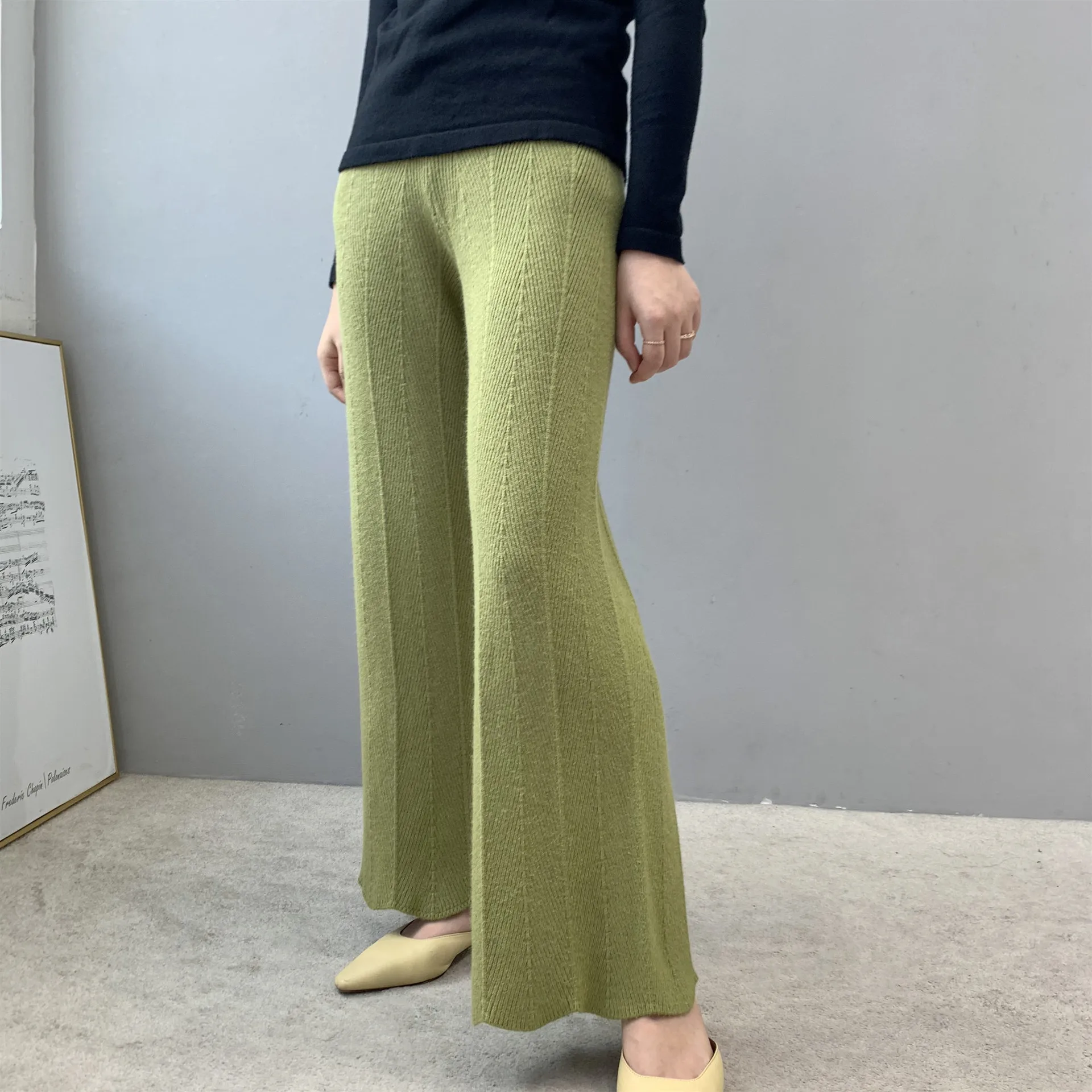 Women Pants New autumn Soft Waxy Striped mid-Waist Knitted Pants Female Pure Color Wide Leg Pants Casual trousers