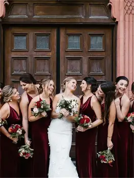 

Burgundy Bridesmaid Dresses V Neck Mermaid Velvet Wedding Guest Dress Spaghetti Straps Prom Party Dress Vestido De Festa