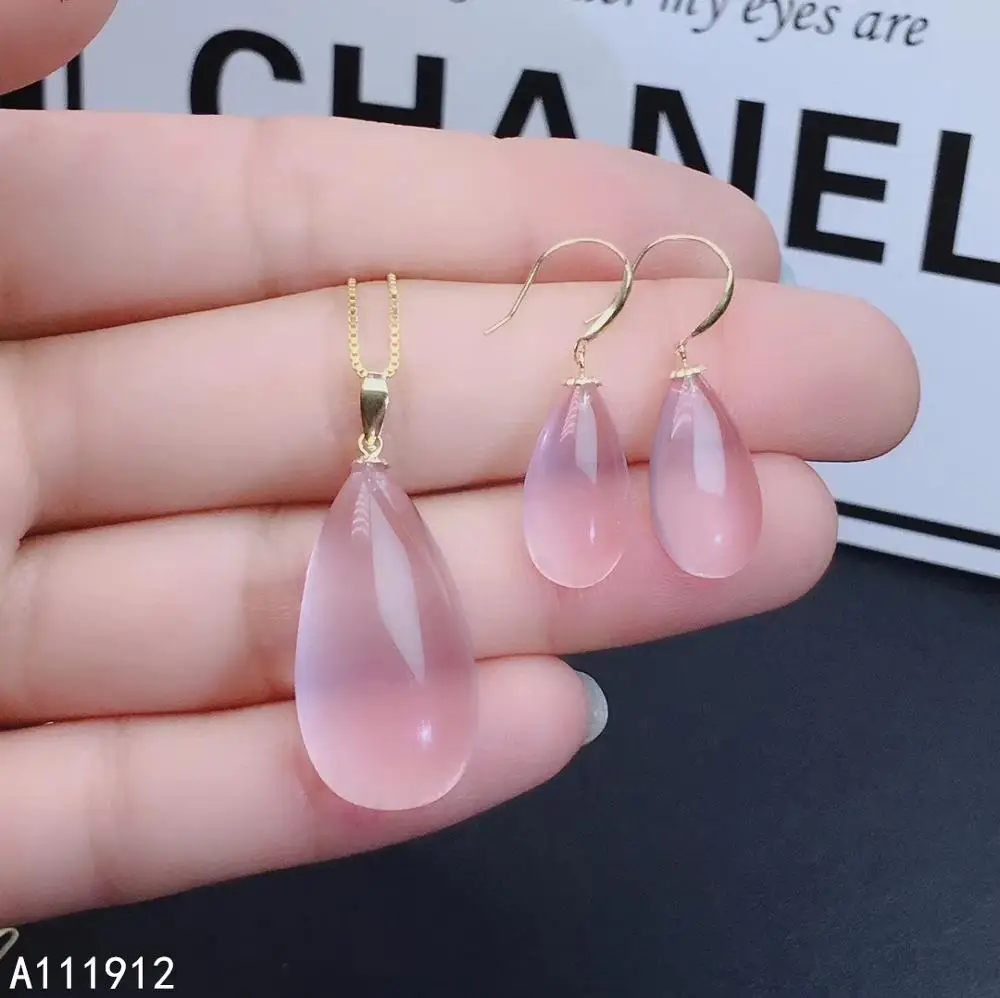 

KJJEAXCMY fine jewelry natural Rose Quartz 18K Gold women pendant necklace earrings set support test classic