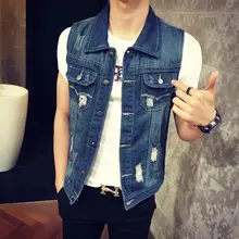 Четыре сезона параграф пары корейский стиль Slim Fit без рукавов жилет мужской жилет тренд с отверстиями большой размер джинсовый жилет