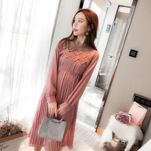 Envsoll Spring Autumn Maternity Dress Mom Long-sleeved Lace Pleated Chiffon Dress Maternity Clothes For Pregnant Women