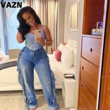 VAZN,, джинсы, сексуальные, свободного размера плюс, тяжелая индустрия, с кисточками, смарт, для улицы, для женщин, для улицы, длинные, джинсовые, прямые брюки