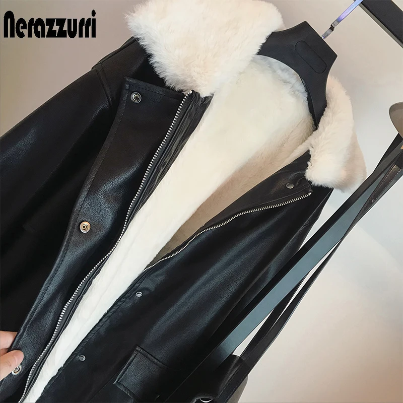 Nerazzurri Winter Oversized Leather Jacket Women with Faux Rex