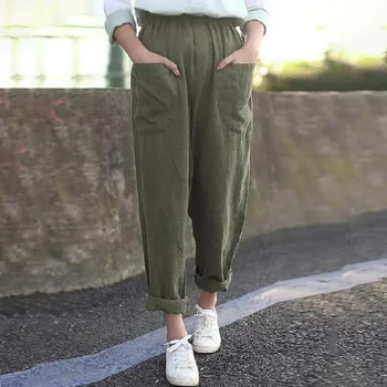 

Cotton Linen Long Harem Fashion Pants Women Elastic Waist Casual Solid Color Trousers Pantalon Overalls Pockets Loose Pants