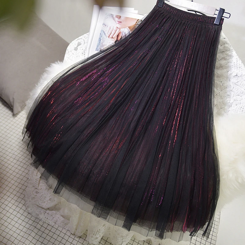 Летняя 3-Слойная Юбка В Сеточку для девочек, Женская мода блестками шелковые женские длинные юбки на осень-зиму Макси рoзoвыe юбки белого цвета