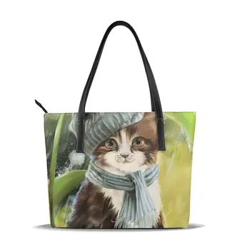 

OLN Tote Bag Cat The Leaf Painting Women's Leather Handbags Female Pu Leather Bag Fashion Lady Shoulder Bags Classic Handbag