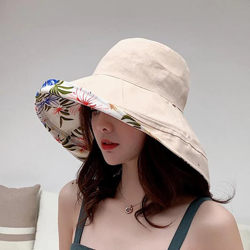 Two Sides Of Floral Reversible Bucket Cap Fisherman Hat Summer Portable Travel Leisure Sun Hat Beige