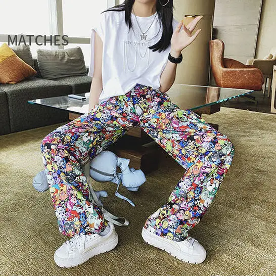 European station cartoon print straight wide leg pants women 2020 early autumn high waist loose lazy fashion pants trousers