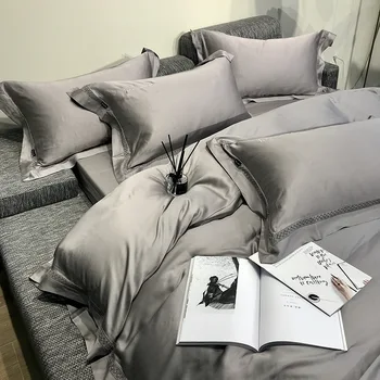 

60 Double-Sided Tencel Four-piece Set Simple Solid Color Silky Bare Sleeping Hollow out Lace Quilt Cover Sheet Bedding Article