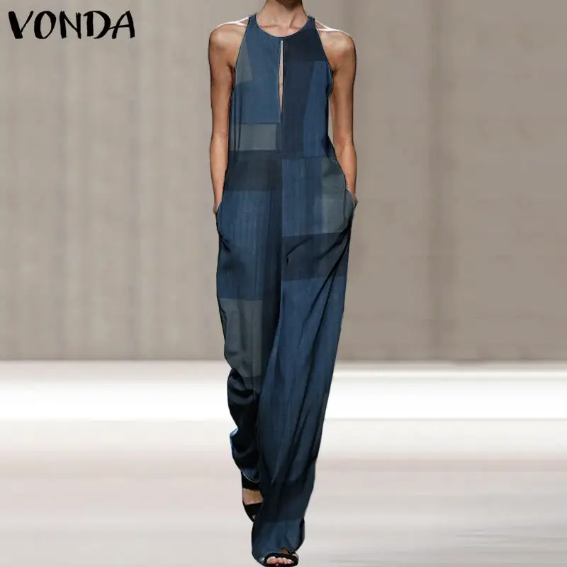 Summer Jumpsuit Women Rompers VONDA 2020 Vintage Sleeveless Patchwork Playsuit Long Wide Leg Pants Trousers Pantalon Femme S-5XL Summer Jumpsuit Women Rompers VONDA 2020 Vintage Sleeveless Patchwork Playsuit Long Wide Leg Pants Trousers Pantalon Femme S-5XL