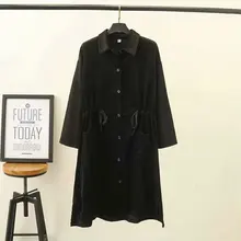 K91 платье большого размера осенняя одежда стиль толстый мм похудение вельветовое длинное пальто Тренч пальто на шнуровке 837