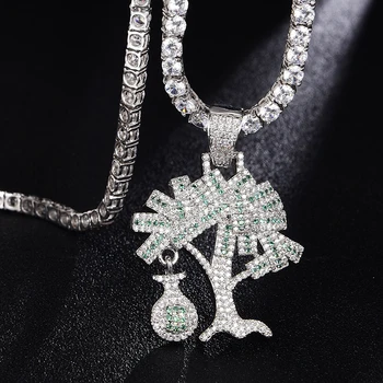 

US7 Purse Tree Pendant Necklace For Women Men Iced Out Cubic Zircon Bling Hip Hop Jewelry Rope Chain Gold Silver Color Necklace