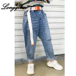 Высококачественные свободные прямые джинсы с дырками в стиле ретро для маленьких девочек, брюки с поясом, новинка 2019 г., штаны для мальчиков