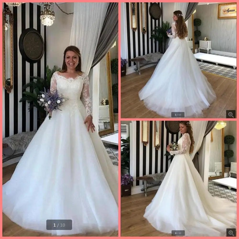 2019 Robe de Mariage baljurk white lace trouwjurken lange mouwen scoop hals prinses puffy elegant modest bruid toga 2019 Robe de Mariage baljurk white lace trouwjurken lange mouwen scoop hals prinses puffy elegant modest bruid toga
