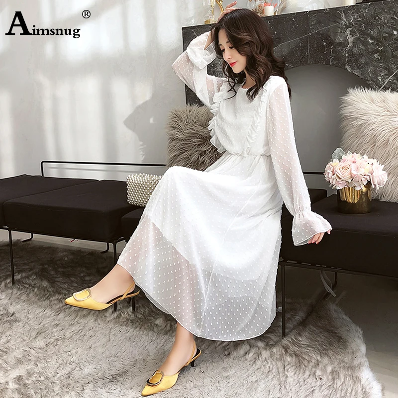

Chiffon Boho Female The Dress White Solid Round Neck Long Sleeve Ruffle Splice 2019 New Autumn Elegant Loose Women Dresses