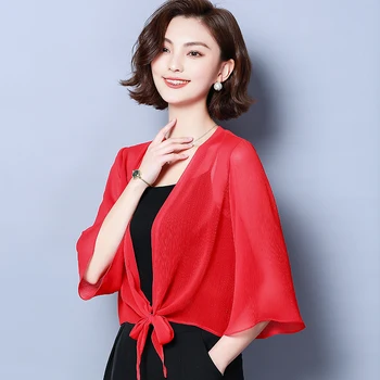 

9732 Large Size Chiffon Cardigan Coat Solid Color Shawl Three-quarter-length Sleeve Sun Blocking Clothing Airable Shirt Tops