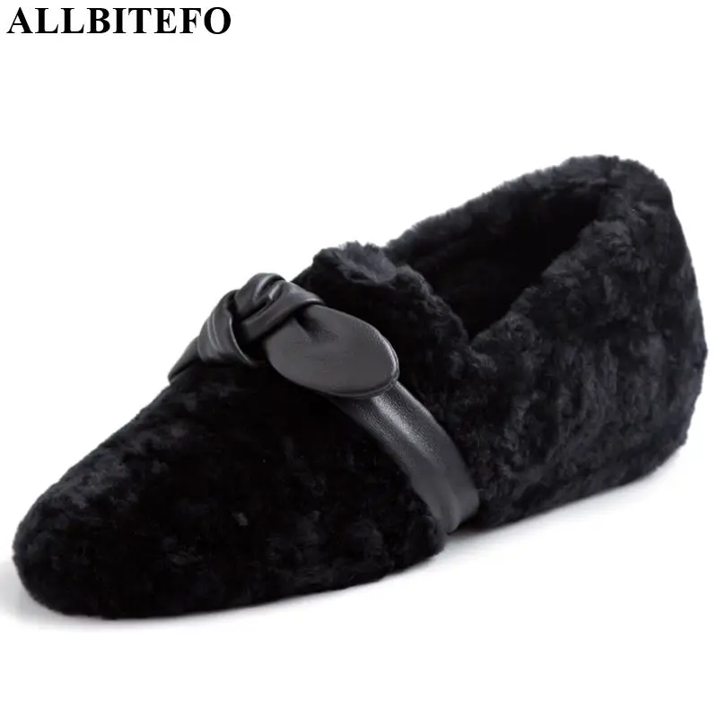 ALLBITEFO high quality Lamb hair high heel shoes Butterfly-knot fashion women heels comfortable Autumn Winter low heel
