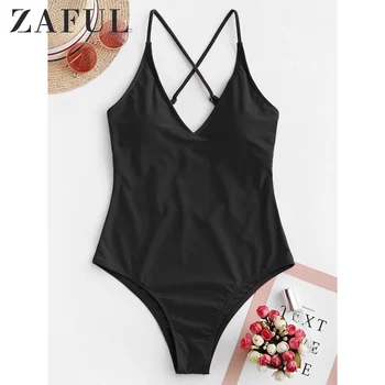 

ZAFUL Crisscross Basic Low Back One-Piece Swimsuit Spaghetti Straps Padded Swimwear Ladies Padded Beach Bathing Suits Summer