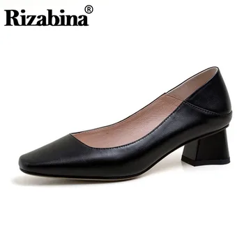 

RIZABINA New Women Pumps Shoes Fashion Real Genuine Leather Shoes Women Square Toe Thick Heels Solid Color Footwear Size 34-40